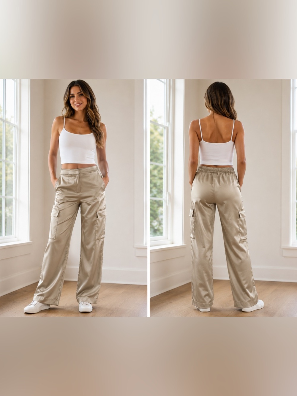 Zara Satin Cargo Wide-Leg Pants - Champagne Beige High RIse Size Medium